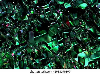 3d render of abstract art industrial 3d background texture with part of surreal silver metal and glass liquid surface with cubical grid pattern in emerald green and purple gradient neon color