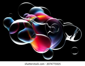 3d render abstract art meta balls spheres bubbles in matte metallic material in red blue   yellow color and transparent liquid glass plastic substance around black background