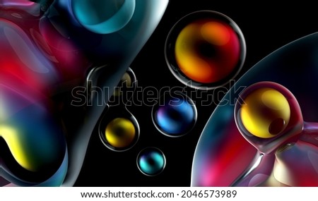 3d render of abstract art meta balls spheres or bubbles in matte metallic material in red blue and yellow color with transparent liquid glass plastic substance around on black background