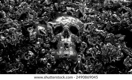 3d render of abstract art with monochrome black and white silver metal Halloween scary creepy spooky skull head sculpture in explosion liquid fluid smoke structure in the dark on black