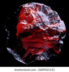 3d render of abstract art object of surreal damaged stone metal mineral rock asteroid planet with rough grunge texture with neon glowing red burn glowing color parts on black background