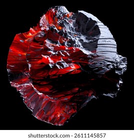 3d render of abstract art object of surreal damaged stone metal mineral rock asteroid planet with rough grunge texture with neon glowing red burn glowing color parts on black background
