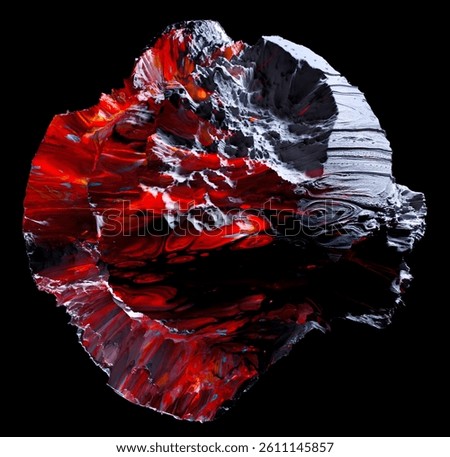 3d render of abstract art object of surreal damaged stone metal mineral rock asteroid planet with rough grunge texture with neon glowing red burn glowing color parts on black background