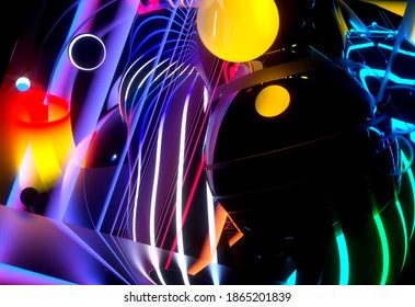 3d render of abstract art with part of surreal flying meta balls cubes and rings or festive party balloons with parallel lines pattern on surface with neon glowing purple yellow and blue color lights 