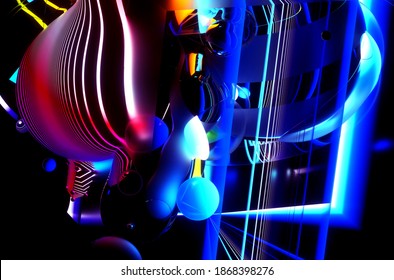 3d render of abstract art with part of surreal flying meta balls cubes and rings or festive party balloons with parallel lines pattern on surface with neon glowing purple yellow and blue color lights 