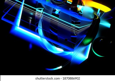 3d render of abstract art with part of surreal flying meta balls cubes and rings or festive party balloons with parallel lines pattern on surface with neon glowing purple yellow and blue color lights 