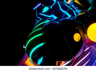 3d render of abstract art with part of surreal flying meta balls cubes and rings or festive party balloons with parallel lines pattern on surface with neon glowing purple yellow and blue color lights 