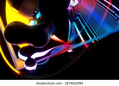 3d render of abstract art with part of surreal flying meta balls cubes and rings or festive party balloons with parallel lines pattern on surface with neon glowing purple yellow and blue color lights 