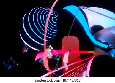 3d render of abstract art with part of surreal flying meta balls cubes and rings or festive party balloons with parallel lines pattern on surface with neon glowing purple yellow and blue color lights 