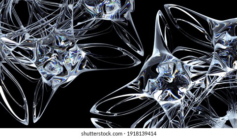 3d Render Of Abstract Art Of Part Of Surreal Rose Flower Or Wheel Mandala Symbol In Curve Round Wavy Circular Biological Fractal Lines Forms In Liquid Ice Glass Material With Dispersion Prism Effect