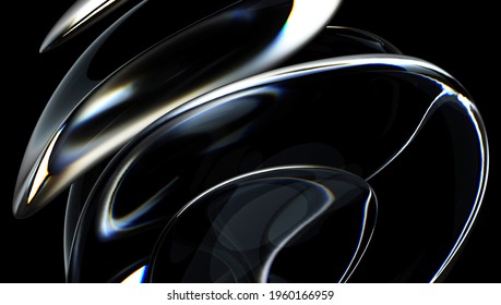 3d Render Of Abstract Art With Part Of 3d Sculpture With Surreal Alien Dark Flower In Curve Wavy Spherical Biological Lines Forms In Glass And Matte Black Rubber Material On Isolated Black Background