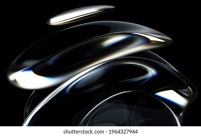 3d render of abstract art with part of 3d sculpture with surreal alien dark flower in curve wavy spherical biological lines forms in glass and matte black rubber material on isolated black background