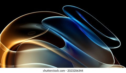 3d render abstract art and part surreal alien flower in curve wavy organic elegance biological lines forms in transparent glowing material in blue yellow   orange gradient color black