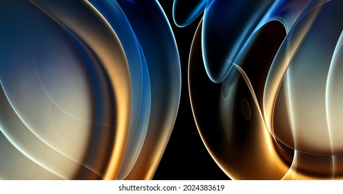 3d Render Of Abstract Art With Part Of Surreal Alien Flower In Curve Wavy Organic Elegance Biological Lines Forms In Transparent Glowing Material In Blue Yellow And Orange Gradient Color On Black