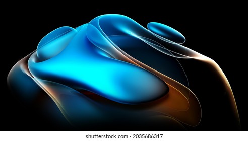 3d render abstract art and part surreal alien flower in curve wavy organic elegance biological lines forms in transparent glowing metal material in blue   orange gradient color black