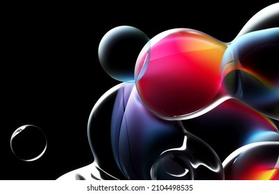 3d render of abstract art with part of meta balls spheres or bubbles in matte metallic material in red blue and yellow color with transparent liquid glass plastic substance around on black background