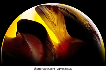 3d Render Of Abstract Art With Part Of Surreal 3d Ball Sphere Planet With Smooth Wavy Curve Lines Forms Gold Metal Rock Surface With Glowing Yellow Contrast Light Inside On Isolated Black Background 