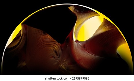 3d Render Of Abstract Art With Part Of Surreal 3d Ball Sphere Planet With Smooth Wavy Curve Lines Forms Gold Metal Rock Surface With Glowing Yellow Contrast Light Inside On Isolated Black Background 