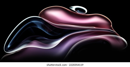 3d Render Of Abstract Art Part Of Surreal Alien Flower In Curve Wavy Round And Spherical Lines Forms In Transparent Plastic Material With Glowing Purple Blue And Violet Color Core On Black Background