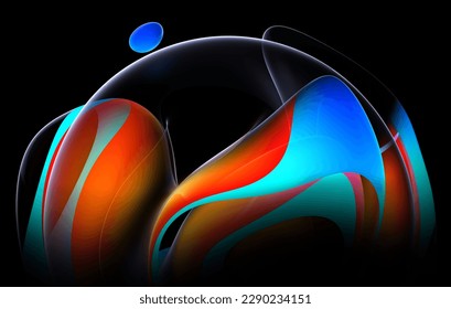 3d render of abstract art part of surreal 3d ball or sphere in curve wavy round and spherical lines forms in transparent plastic material with glowing blue orange color core on black background