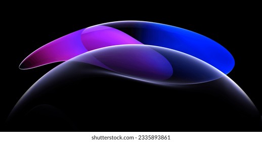 3d render abstract art part of surreal 3d ball or sphere in curve wavy round and spherical lines forms in transparent plastic material with glowing blue red neon color parts on black background