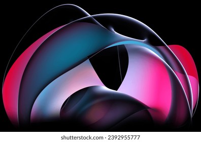 3d render abstract art part of surreal 3d ball or sphere in curve wavy round and spherical lines forms in transparent plastic material with glowing red blue and purple color inside on black background