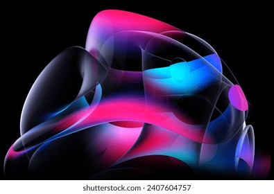 3d render abstract art part of surreal 3d ball or sphere in curve wavy round and spherical lines forms in transparent plastic material with glowing red blue and purple color inside on black background