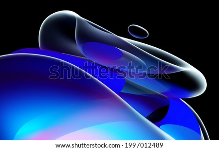 3d render of abstract art with part of surreal 3d ball or sphere in curve wavy round and spherical lines forms in transparent plastic material with glowing blue and purple neon color core
