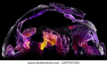 3d render of abstract art with part of surreal damaged sphere ball shape asteroid stone object in metallic iron material in multi color purple gradient with fluorescent yellow core on black background
