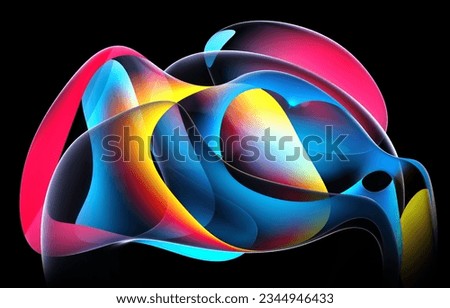 3d render abstract art part of surreal 3d ball or sphere in curve wavy round and spherical lines forms in transparent plastic material with glowing neon fluorescent blue purple yellow color on black
