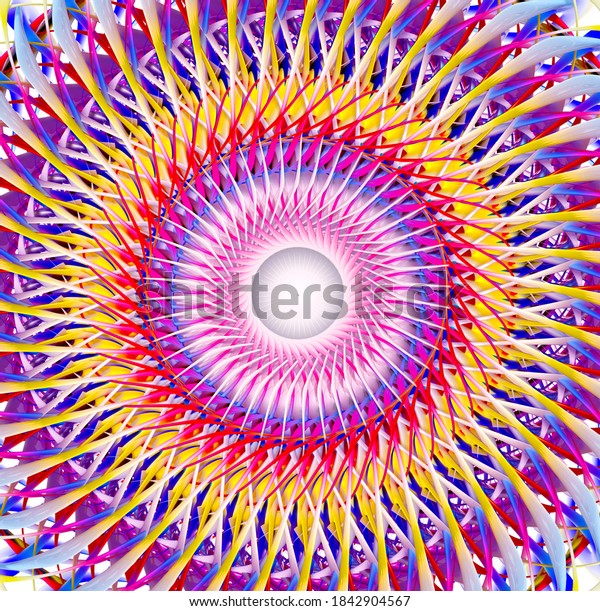 3d render of abstract art part of surreal turbine jet engine with sharp swirl rotor fractal blades or sun flower in white and purple yellow ceramic material on isolated white background