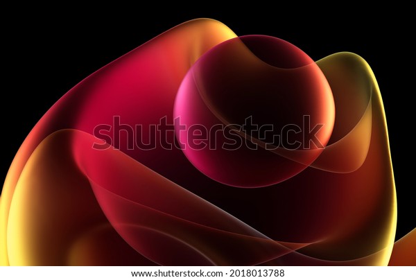 3d render of abstract art with part of surreal alien flower in curve wavy organic elegance biological lines forms in transparent glowing material in purple yellow and orange gradient color on black