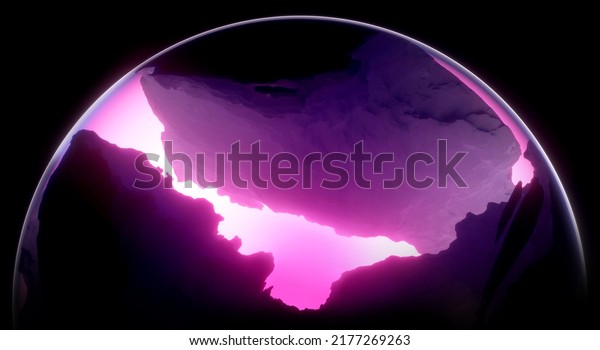 3d\
render of abstract art with part or half of 3d glass ball or sphere\
planet with rough rock surface inside with big crack in the middle\
with glowing neon purple and hot pink light\
inside