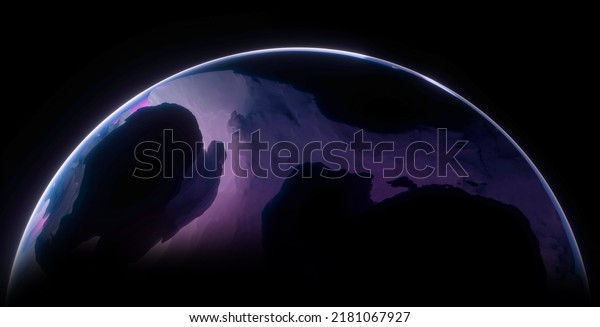 3d
render of abstract art with part or half of 3d glass ball or sphere
planet with rough rock surface inside with big crack in the middle
with glowing neon purple and hot pink light
inside