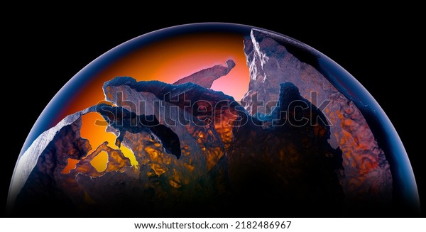 3d\
render of abstract art with part of 3d glass ball or sphere planet\
with rough damaged and scratched purple rock surface with big\
cracks with glowing orange and yellow light inside\
