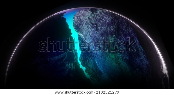 3d\
render of abstract art with part of 3d ball or sphere planet with\
rough rock surface inside with big crack in the middle with glowing\
neon blue and green light inside on black\
background