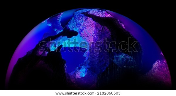 3d render\
of abstract art with part or half of 3d glass ball or sphere planet\
with rough rock surface inside with big crack in the middle with\
glowing neon purple and blue light\
inside