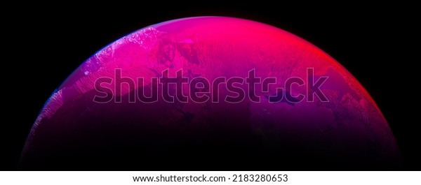3d render\
of abstract art with part or half of 3d glass ball or sphere planet\
with rough rock surface inside with big crack in the middle with\
glowing neon purple and pink light\
inside