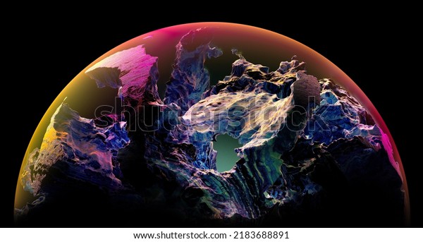 3d
render of abstract art with part of 3d glass ball or sphere planet
with rough damaged and scratched purple rock surface with big
cracks with glowing orange and purple light inside
