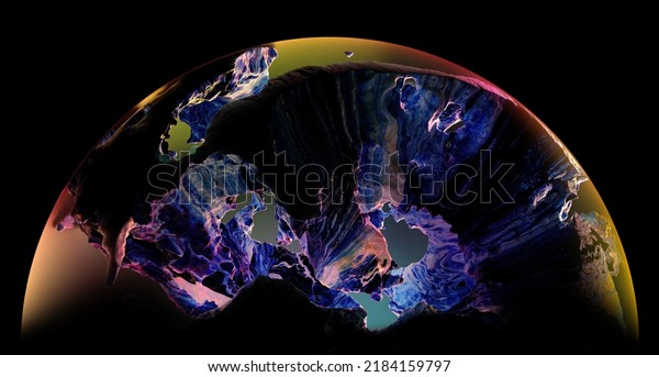 3d\
render of abstract art with part of 3d glass ball or sphere planet\
with rough damaged and scratched purple rock surface with big\
cracks with glowing orange and purple light inside\
