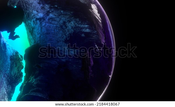 3d\
render of abstract art with part of 3d ball or sphere planet with\
rough rock surface inside with big crack in the middle with glowing\
neon blue and green light inside on black\
background