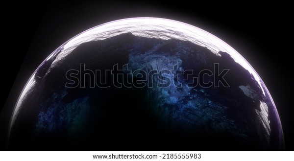 3d\
render of abstract art with part of 3d ball or sphere planet with\
rough rock surface with big cracks and scratches in the middle with\
glowing neon blue  light inside on black\
background