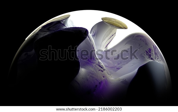 3d render of abstract art with part of surreal 3d ball\
or sphere planet with rough damaged broken stone rock surface with\
glowing white and purple contrast light inside on isolated black\
background 