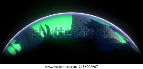 3d
render of abstract art with part or half of 3d glass ball or sphere
planet with rough rock surface inside with big crack in the middle
with glowing neon fluorescent green light
inside
