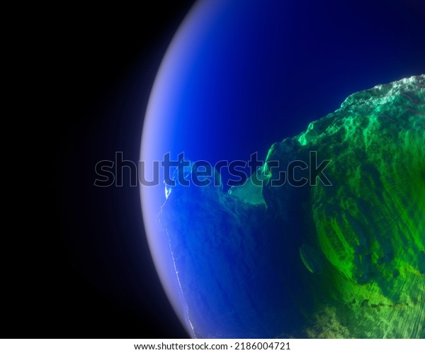3d render of abstract art with part of 3d ball or sphere\
planet with rough rock surface inside with big crack in the middle\
with glowing neon blue and green light inside on isolated black\
background 