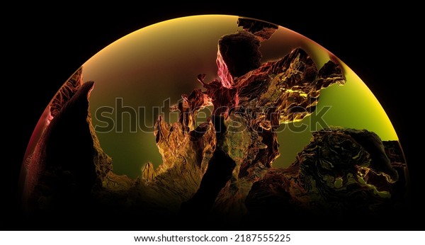 3d render of abstract art with part of 3d glass\
ball or sphere planet with rough damaged and scratched purple rock\
surface with big cracks with glowing orange red and yellow light\
inside on black