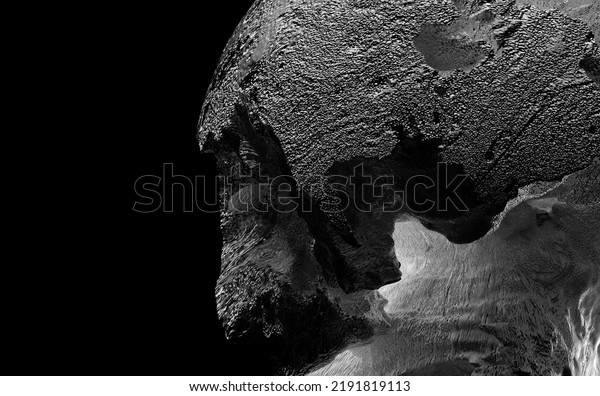 3d render of abstract art with part of black\
and white damaged 3d ball planet earth , moon or asteroid in\
spherical shape with big crack in organic rough shape on surface on\
isolated black\
background