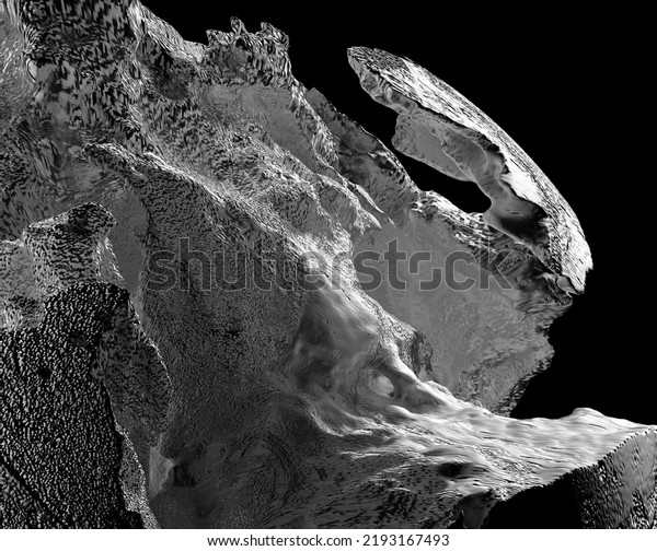 3d render of abstract art with part of black
and white damaged 3d ball planet earth , moon or asteroid in
spherical shape with big crack in organic rough shape on surface on
isolated black
background