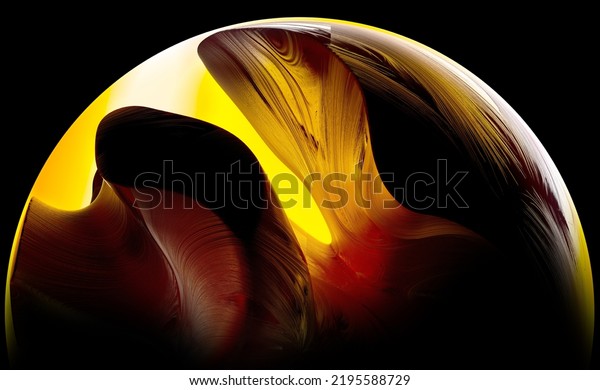 3d render of abstract art with part of surreal 3d ball\
sphere planet with smooth wavy curve lines forms gold metal rock\
surface with glowing yellow contrast light inside on isolated black\
background 