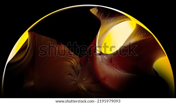 3d render of abstract art with part of surreal 3d ball\
sphere planet with smooth wavy curve lines forms gold metal rock\
surface with glowing yellow contrast light inside on isolated black\
background 